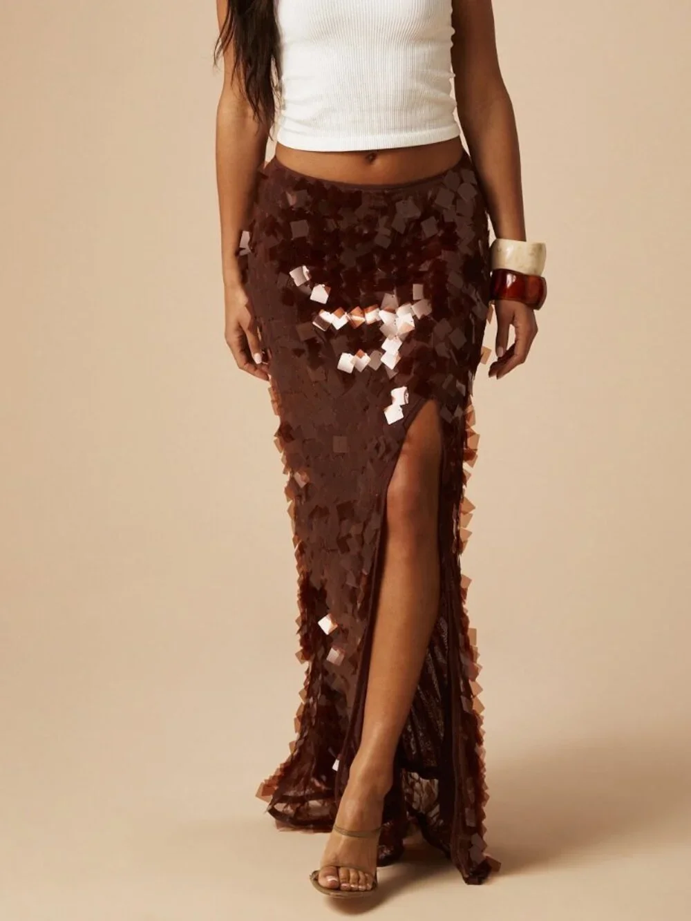 Brown Party Women's Sequin Split Thigh Bodycon Maxi Skirt